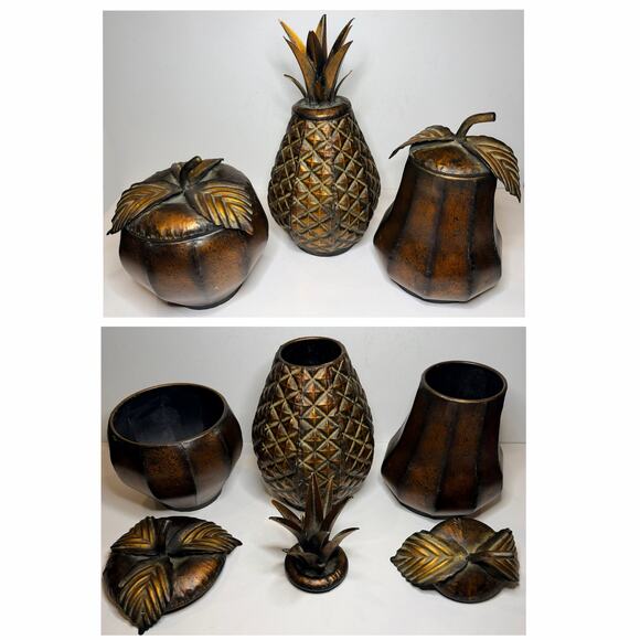 3pc Set Decorative Distressed Bronze/Gold Metal Canisters Pineapple Apple & Pear - Picture 1 of 16